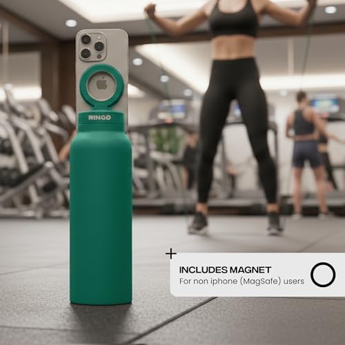 RINGO PRO Water Bottle with Magnetic Phone Mount & Sip Straw Lid - Insulated Stainless Steel Bottle for Workouts, Content Creation, Navigation & Facetime on the Go, 12Hrs Hot/24Hrs Cold Green-24oz|B0FHQ5SZ3P
