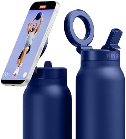RINGO PRO Water Bottle with Magnetic Phone Mount & Sip Straw Lid - Insulated Stainless Steel Bottle for Workouts, Content Creation, Navigation & Facetime on the Go, 12Hrs Hot/24Hrs Cold Blue 24oz|B0FHQ4ZCY1