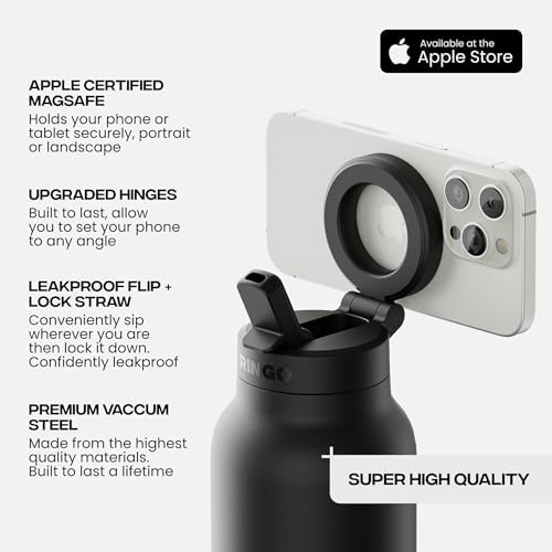 RINGO PRO Water Bottle with Magnetic Phone Mount & Sip Straw Lid - Insulated Stainless Steel Bottle for Workouts, Content Creation, Navigation & Facetime on the Go, 12Hrs Hot/24Hrs Cold Black-24oz|B0FHPS133K