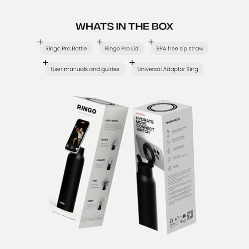RINGO PRO Water Bottle with Magnetic Phone Mount & Sip Straw Lid - Insulated Stainless Steel Bottle for Workouts, Content Creation, Navigation & Facetime on the Go, 12Hrs Hot/24Hrs Cold Black-24oz|B0FHPS133K