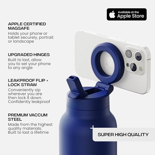 RINGO PRO Water Bottle with Magnetic Phone Mount & Sip Straw Lid - Insulated Stainless Steel Bottle for Workouts, Content Creation, Navigation & Facetime on the Go, 12Hrs Hot/24Hrs Cold Blue 24oz|B0FHQ4ZCY1