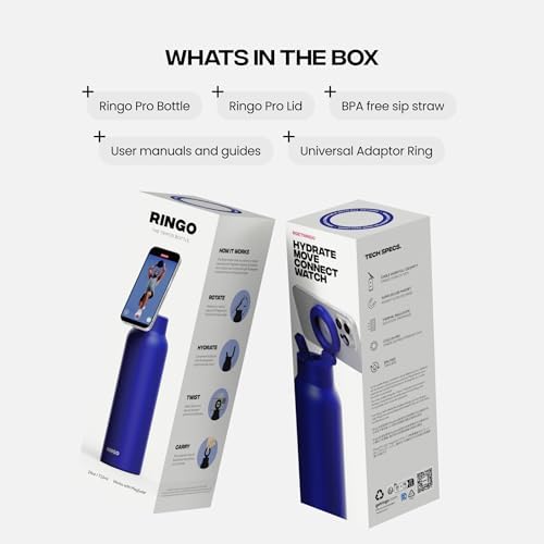RINGO PRO Water Bottle with Magnetic Phone Mount & Sip Straw Lid - Insulated Stainless Steel Bottle for Workouts, Content Creation, Navigation & Facetime on the Go, 12Hrs Hot/24Hrs Cold Blue 24oz|B0FHQ4ZCY1
