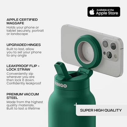 RINGO PRO Water Bottle with Magnetic Phone Mount & Sip Straw Lid - Insulated Stainless Steel Bottle for Workouts, Content Creation, Navigation & Facetime on the Go, 12Hrs Hot/24Hrs Cold Green-24oz|B0FHQ5SZ3P