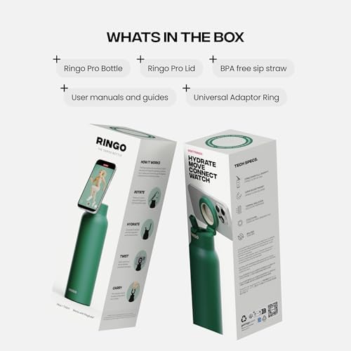 RINGO PRO Water Bottle with Magnetic Phone Mount & Sip Straw Lid - Insulated Stainless Steel Bottle for Workouts, Content Creation, Navigation & Facetime on the Go, 12Hrs Hot/24Hrs Cold Green-24oz|B0FHQ5SZ3P