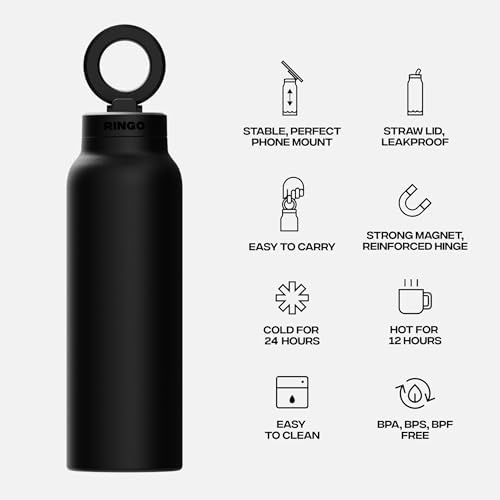 RINGO PRO Water Bottle with Magnetic Phone Mount & Sip Straw Lid - Insulated Stainless Steel Bottle for Workouts, Content Creation, Navigation & Facetime on the Go, 12Hrs Hot/24Hrs Cold Black-24oz|B0FHPS133K