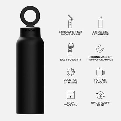 RINGO PRO Water Bottle with Magnetic Phone Mount & Sip Straw Lid - Insulated Stainless Steel Bottle for Workouts, Content Creation, Navigation & Facetime on the Go, 12Hrs Hot/24Hrs Cold Black-24oz|B0FHPS133K