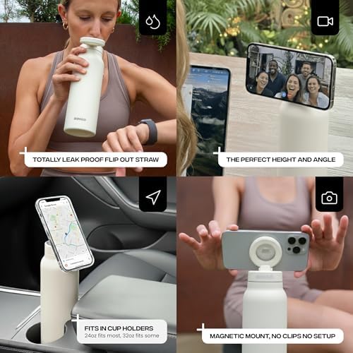 RINGO PRO Water Bottle with Magnetic Phone Mount & Sip Straw Lid - Insulated Stainless Steel Bottle for Workouts, Content Creation, Navigation & Facetime on the Go, 12Hrs Hot/24Hrs Cold Black-24oz|B0FHPS133K