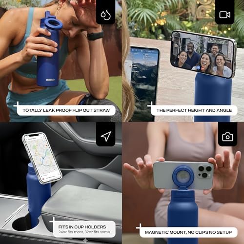 RINGO PRO Water Bottle with Magnetic Phone Mount & Sip Straw Lid - Insulated Stainless Steel Bottle for Workouts, Content Creation, Navigation & Facetime on the Go, 12Hrs Hot/24Hrs Cold Blue 24oz|B0FHQ4ZCY1