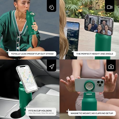 RINGO PRO Water Bottle with Magnetic Phone Mount & Sip Straw Lid - Insulated Stainless Steel Bottle for Workouts, Content Creation, Navigation & Facetime on the Go, 12Hrs Hot/24Hrs Cold Green-24oz|B0FHQ5SZ3P