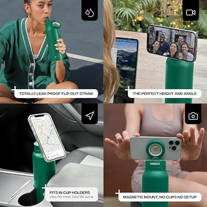 RINGO PRO Water Bottle with Magnetic Phone Mount & Sip Straw Lid - Insulated Stainless Steel Bottle for Workouts, Content Creation, Navigation & Facetime on the Go, 12Hrs Hot/24Hrs Cold Green-24oz|B0FHQ5SZ3P